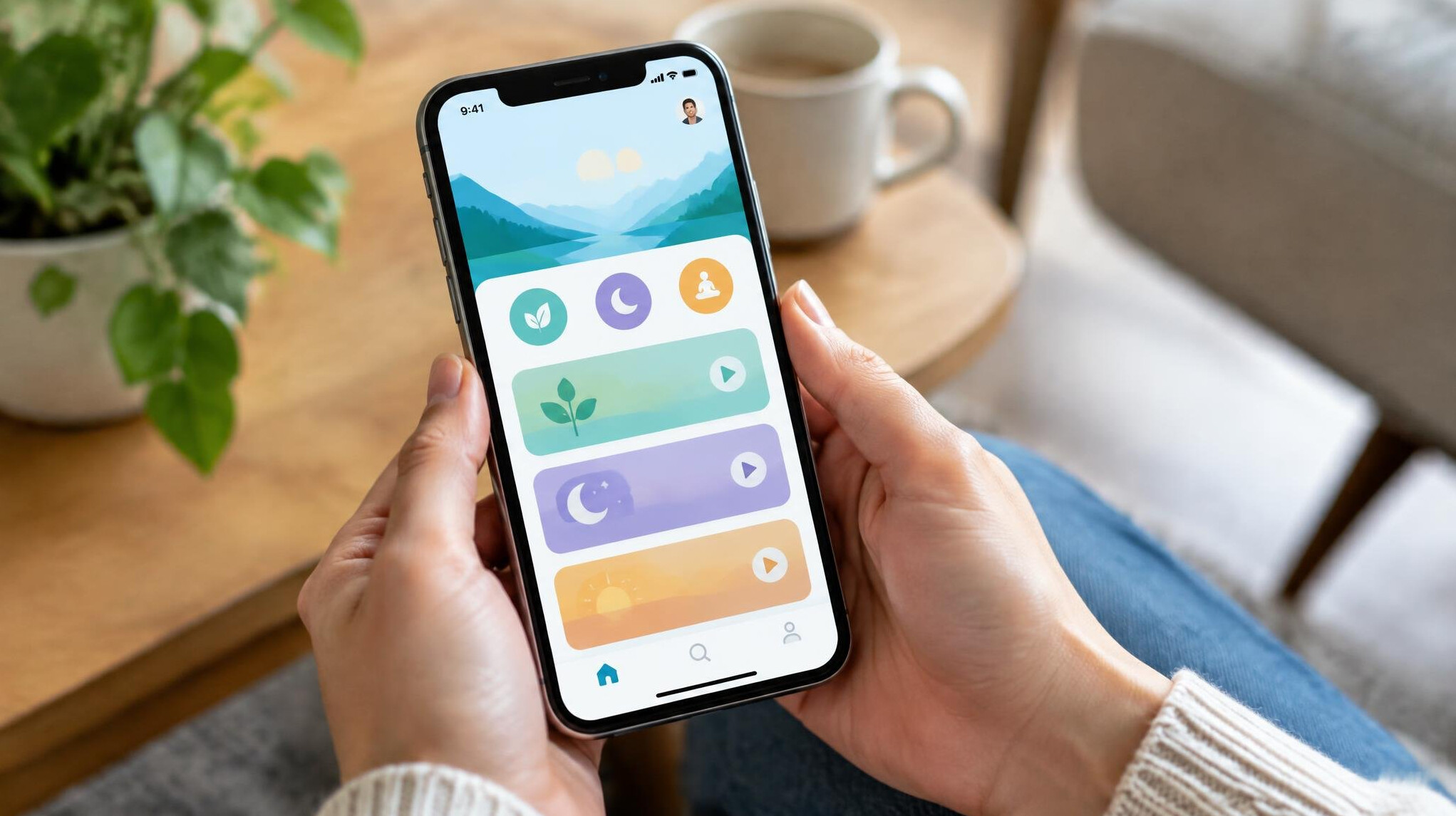 Hands holding a smartphone with an app interface open