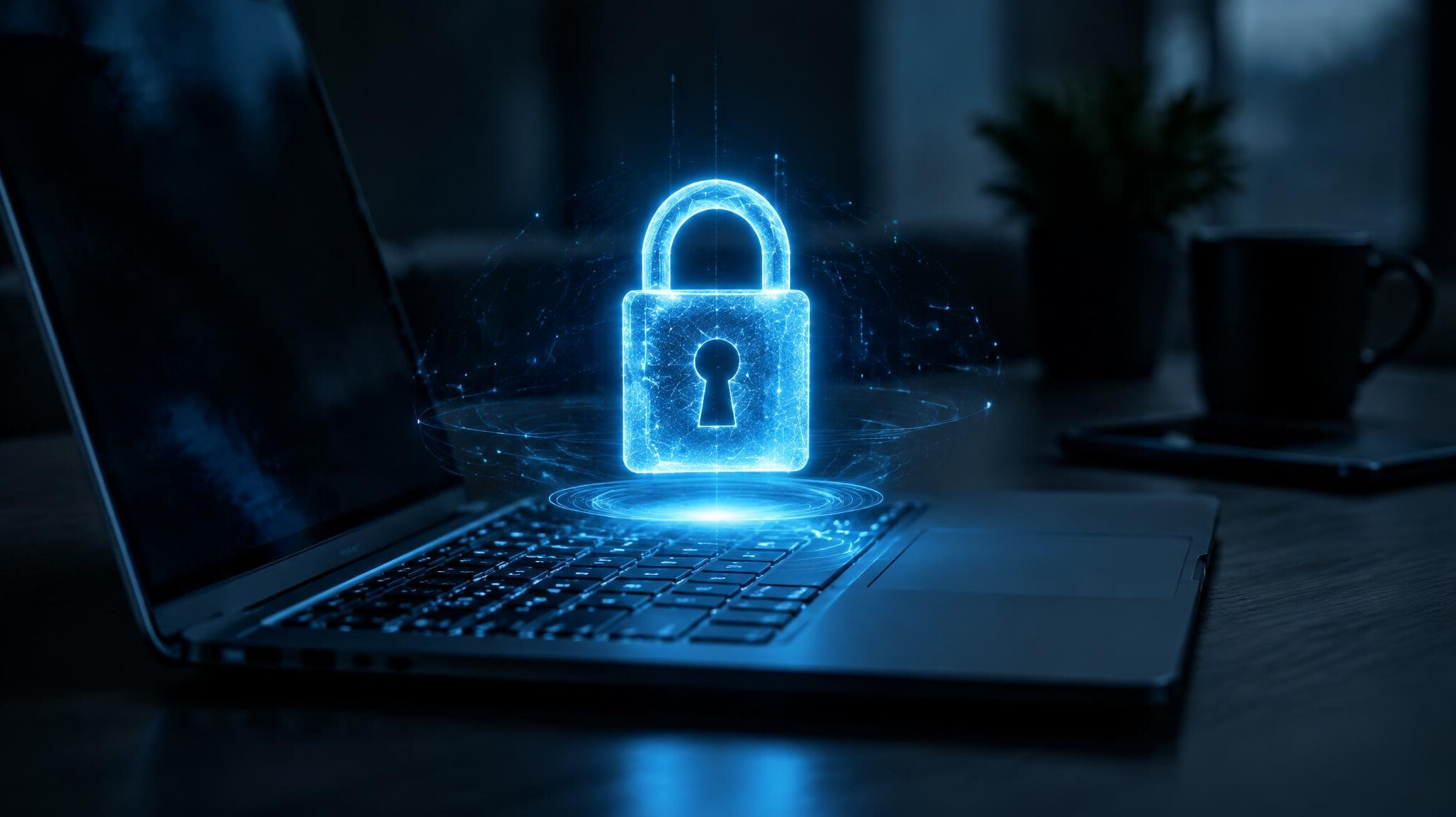 Digital padlock icon over a laptop keyboard representing cybersecurity