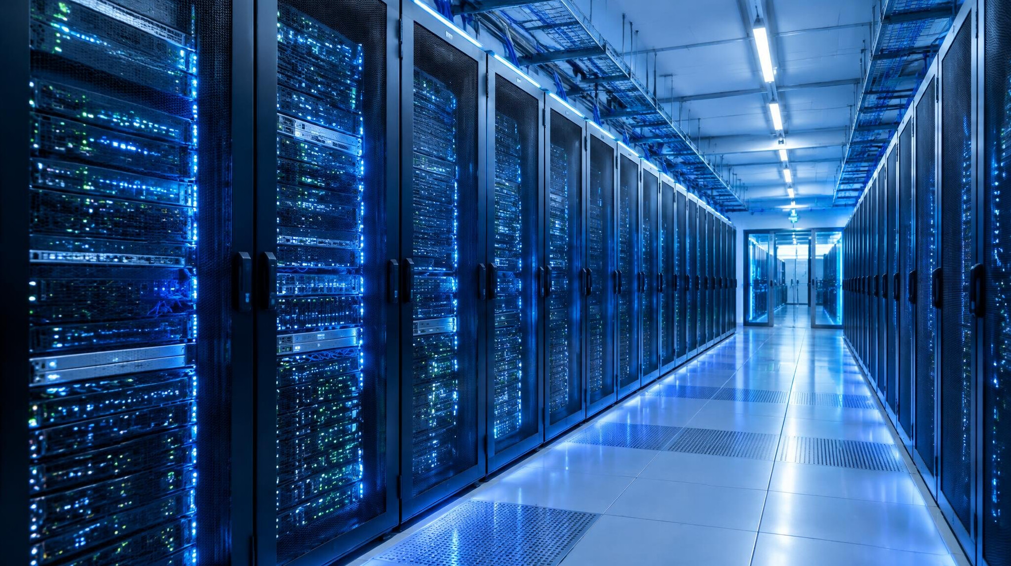 Rows of server racks in a modern data center