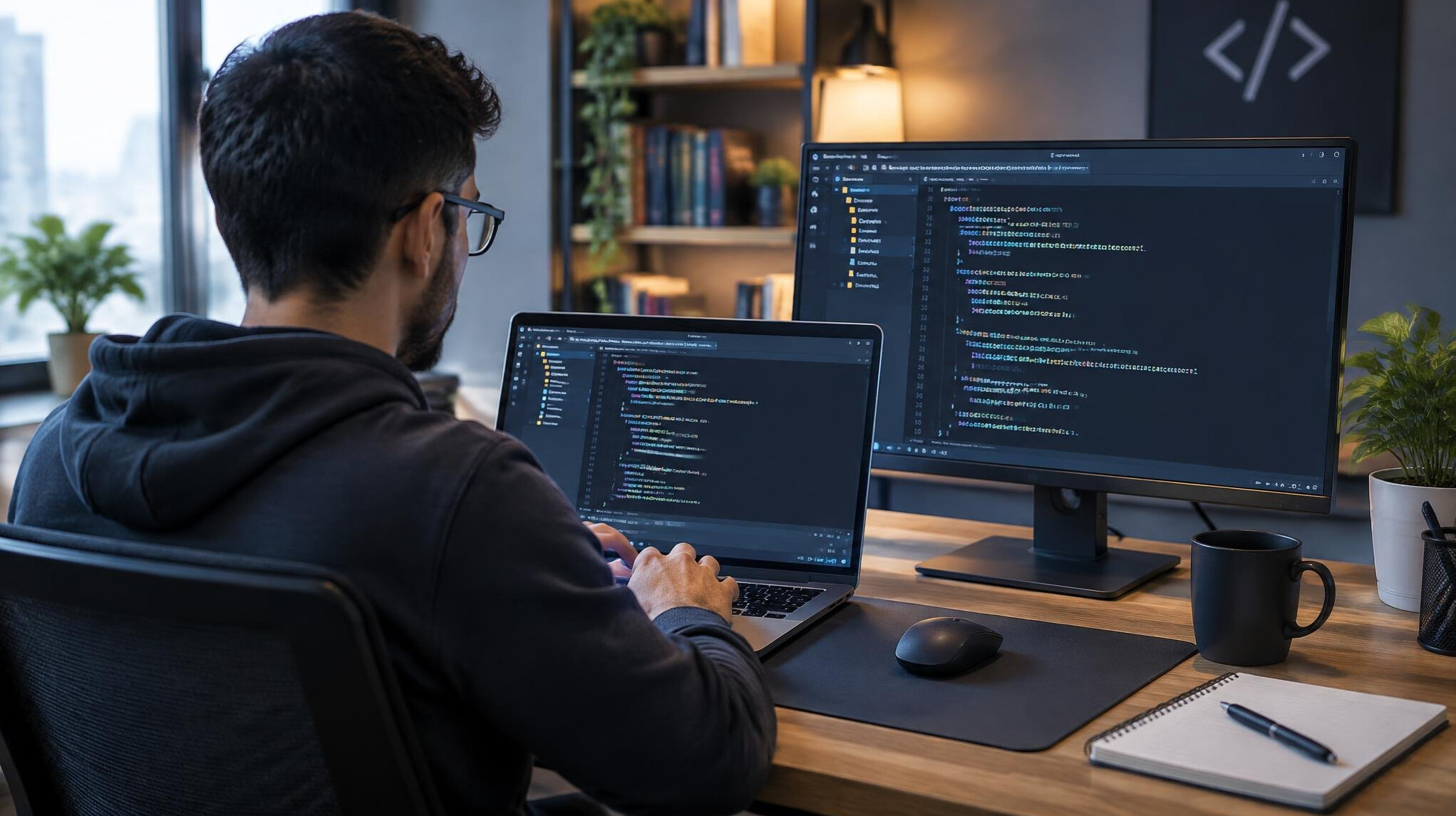 person coding at desk