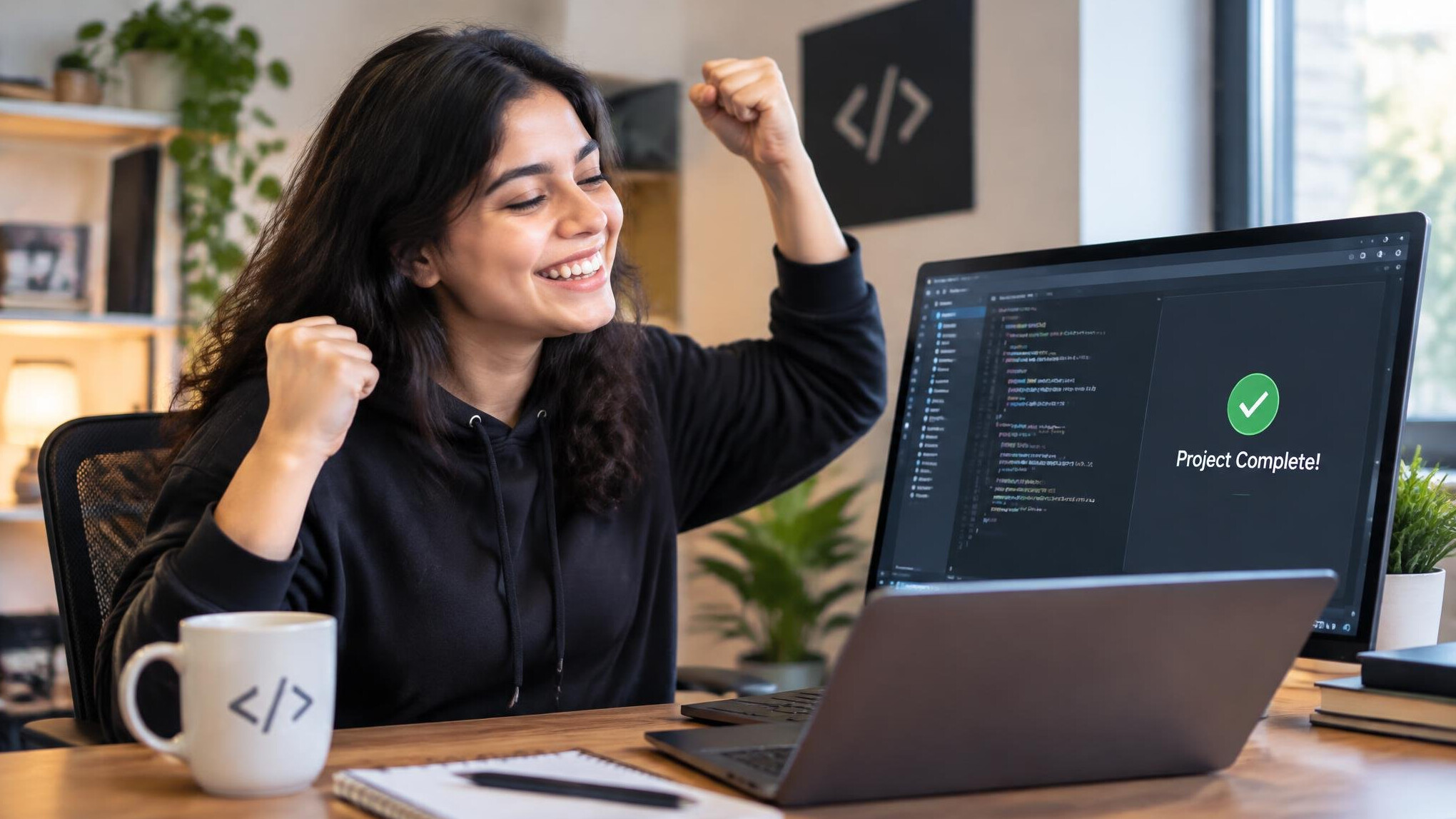 person celebrating coding success