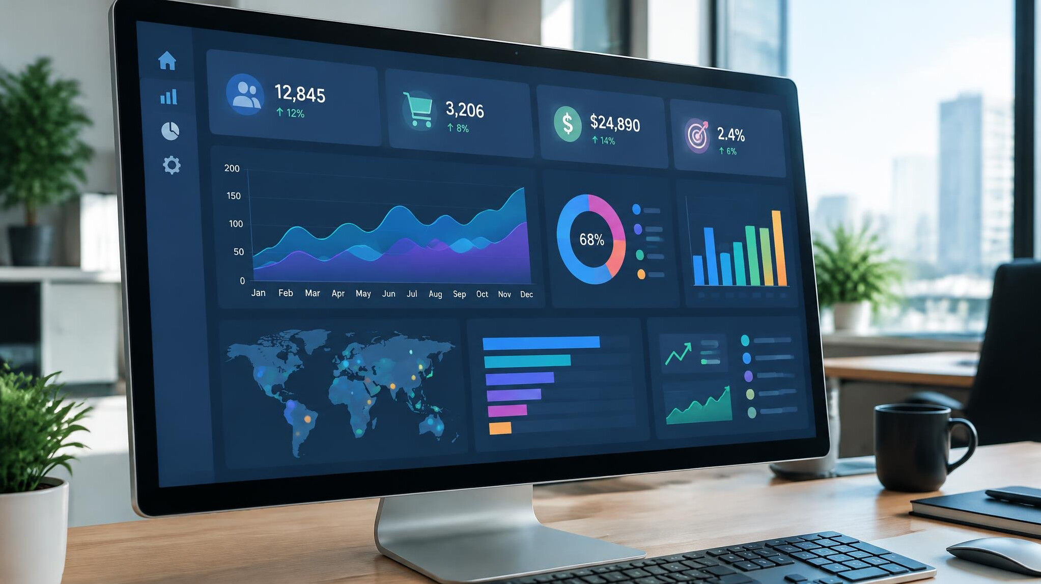 Data analytics dashboard with charts and graphs on a screen