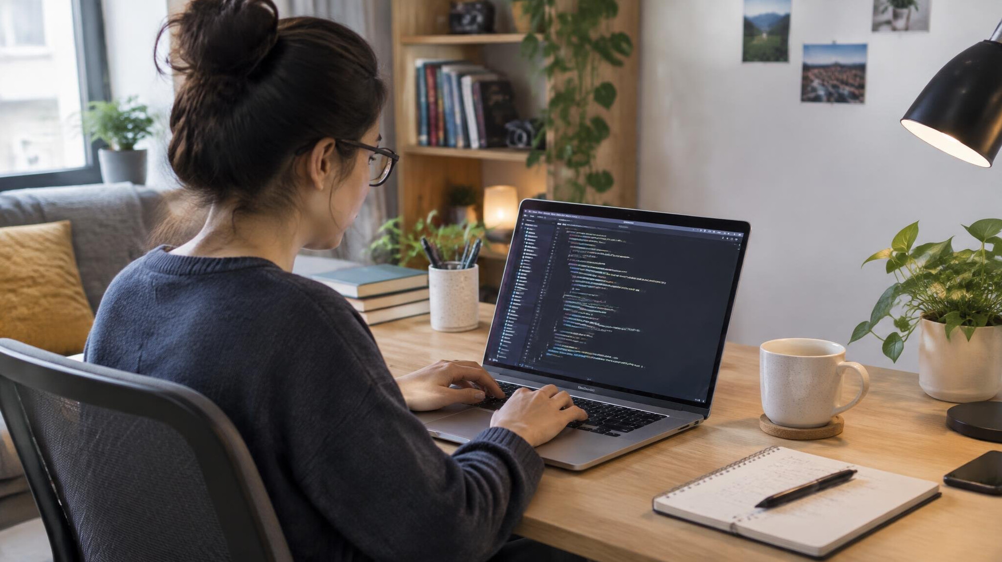 woman working on laptop at home