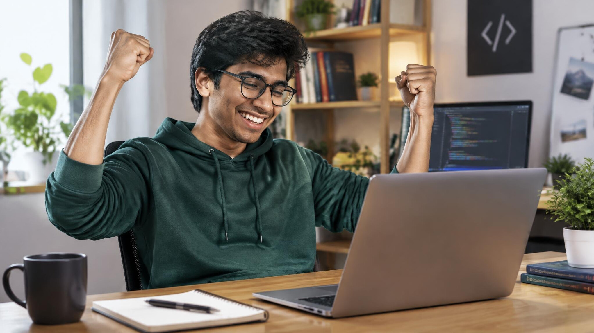 person celebrating success at desk