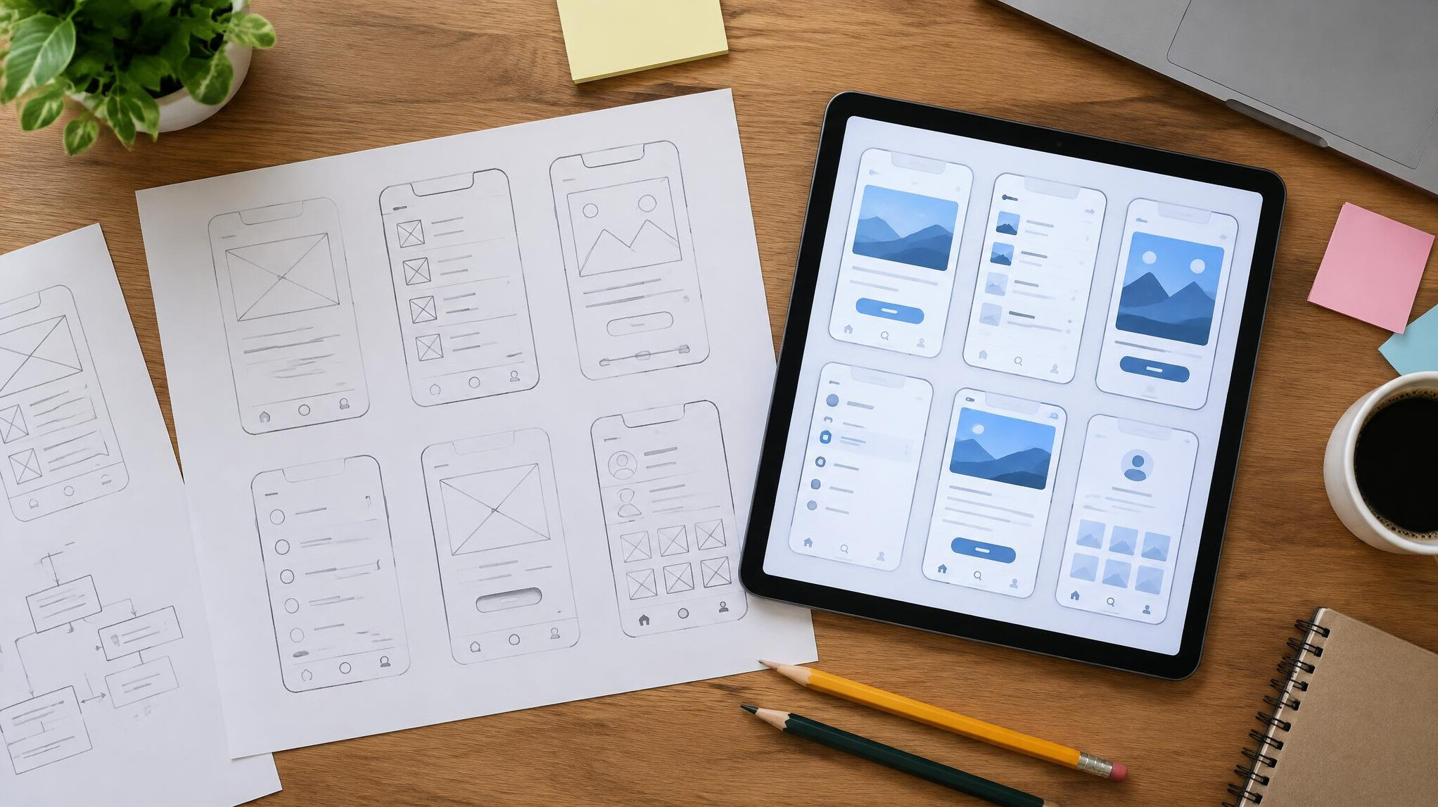 Designer sketching wireframes for a mobile app on paper and tablet